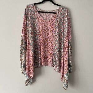 GiGio Mixed Print Floral Leopard Top 1X Patchwork Oversized Boho Asymmetrical